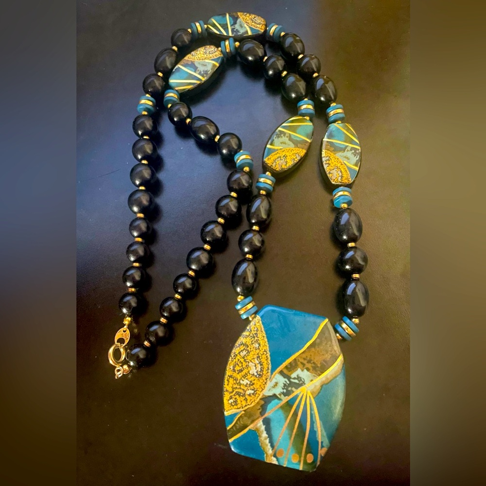 Turquoise Blue, Gold and Black Bead Necklace - Picture 2 of 7